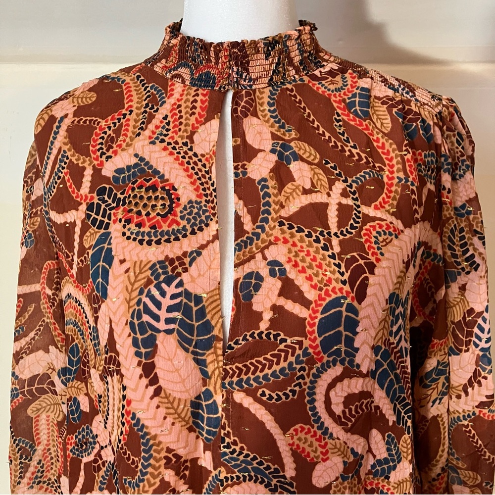A.L.C. Silk Chiffon Metallic Thread Ginger Botanical Print Keyhole Blouse size 6 - Picture 7 of 10